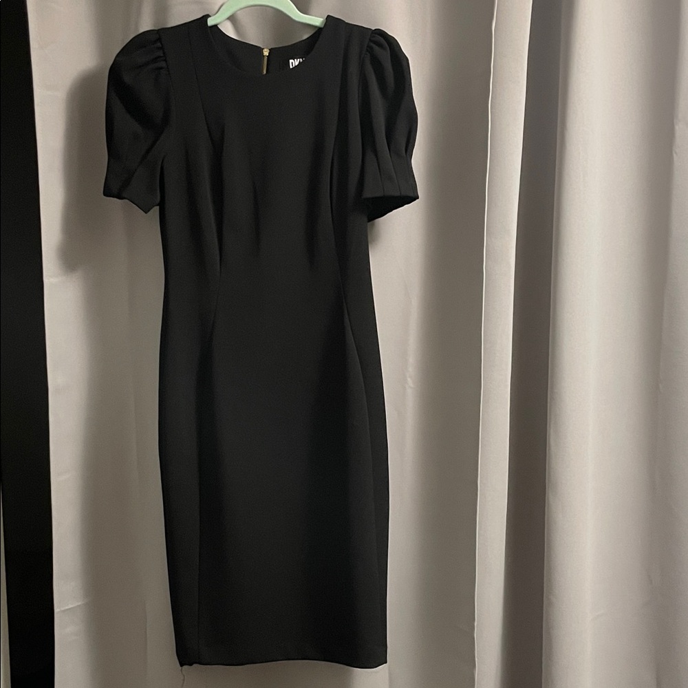 DKNY Black Midi Dress with Puff Sleeves